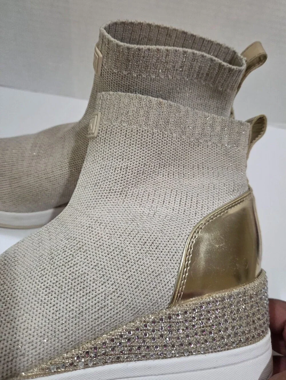 Michael Kors Cream Knit Slip-On Sneaker Boot with Gold Heel Size 8.